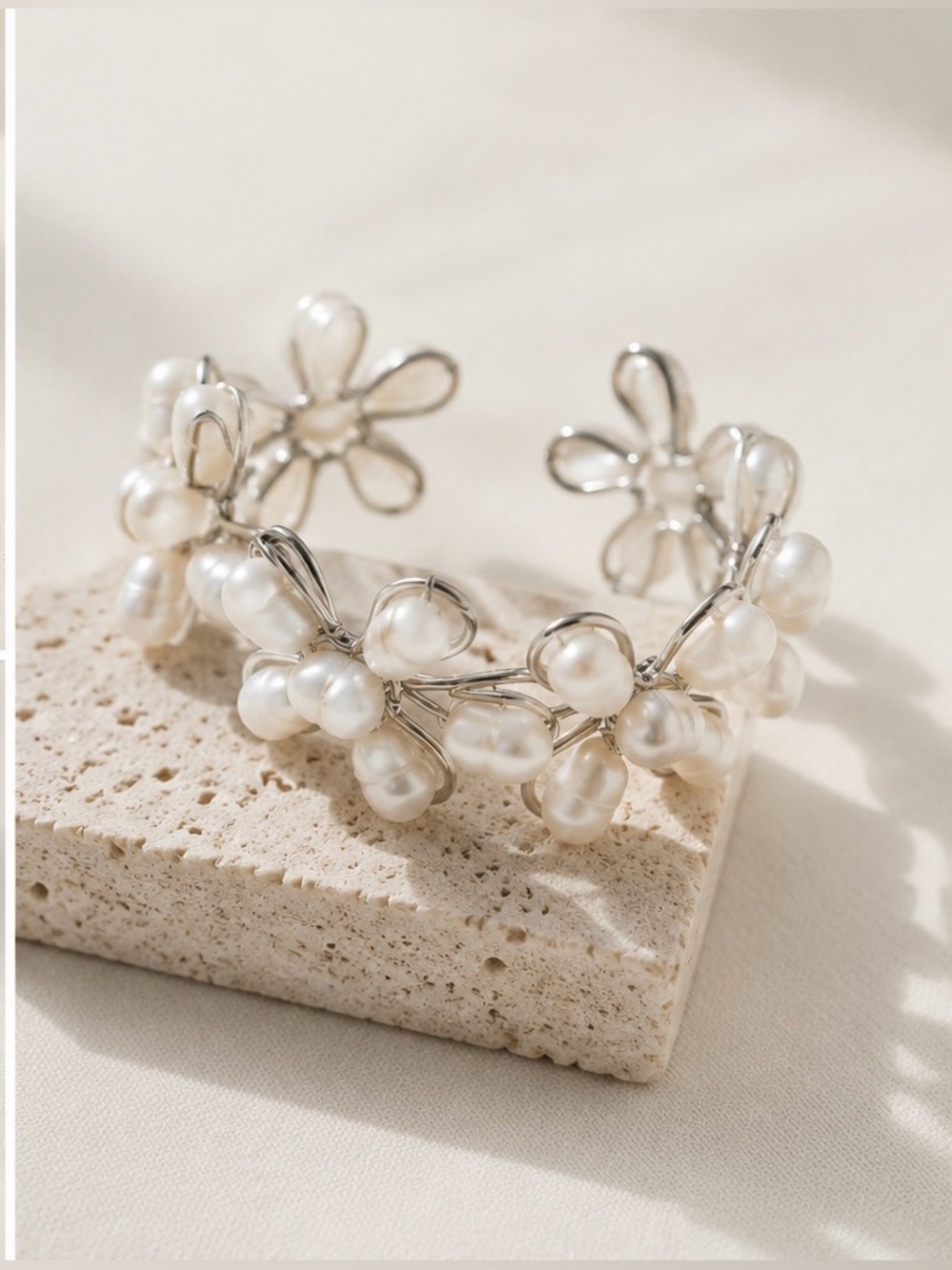 Freshwater Pearl Floral Wire Cuff Bracelet in White and Silver
